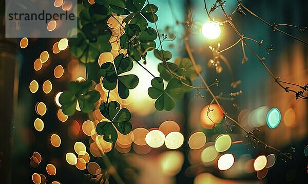 St. Patricks Day Hintergrund mit grünen Kleeblättern und Bokeh. AI generiert  KI generiert