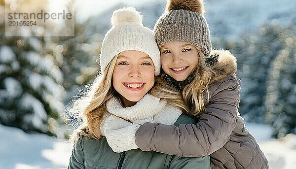 KI generiert  Mensch  Menschen  Person  Personen  Frau  Frauen  Kind  Kinder  zwei Personen  Mutter und Tochter umarmen sich  Umarmung  freuen sich aufeinander  genießen den Schnee  lachen  lächeln  Außenaufnahme  Eis  Schnee  Winter  Jahreszeiten  Mütze  Pudelmütze  Handschuhe  Winterjacke  kalt  Kälte