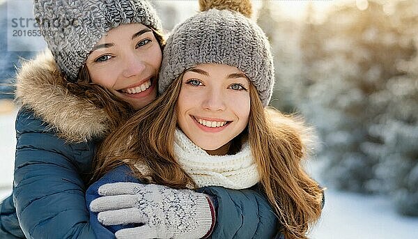 KI generiert  Mensch  Menschen  Person  Personen  Frau  Frauen  Kind  Kinder  zwei Personen  Mutter und Tochter umarmen sich zwei Freunde  Schnee  lachen  lächeln  Außenaufnahme  Eis  Winter  Jahreszeiten  Mütze  Pudelmütze  Handschuhe  Winterjacke  kalt  Kälte  Liebe  Zuneigung