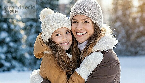 KI generiert  Mensch  Menschen  Person  Personen  Frau  Frauen  Kind  Kinder  zwei Personen  Mutter und Tochter umarmen sich  Umarmung  freuen sich aufeinander  genießen den Schnee  lachen  lächeln  Außenaufnahme  Eis  Schnee  Winter  Jahreszeiten  Mütze  Pudelmütze  Handschuhe  Winterjacke  kalt  Kälte