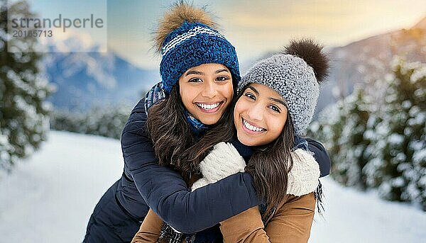 KI generiert  Mensch  Menschen  Person  Personen  Frau  Frauen  Mädchen  20  25  zwei Personen umarmen sich  zwei Freunde  Schnee  lachen  lächeln  Außenaufnahme  Eis  Winter  Jahreszeiten  Mütze  Pudelmütze  Handschuhe  Winterjacke  kalt  Kälte  Liebe  Zuneigung