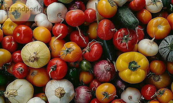 Hintergrund von frischen Tomaten und Zwiebeln  Draufsicht  Nahaufnahme. AI generiert  KI generiert
