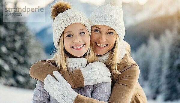 KI generiert  Mensch  Menschen  Person  Personen  Frau  Frauen  Kind  Kinder  zwei Personen  Mutter und Tochter umarmen sich  Umarmung  freuen sich aufeinander  genießen den Schnee  lachen  lächeln  Außenaufnahme  Eis  Schnee  Winter  Jahreszeiten  Mütze  Pudelmütze  Handschuhe  Winterjacke  kalt  Kälte