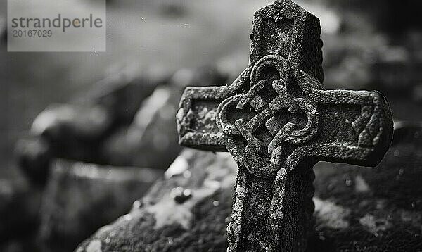 Schwarzes und weißes Bild eines keltischen Kreuzes auf einem Grab auf einem Friedhof  Kopierraum. AI generiert  KI generiert