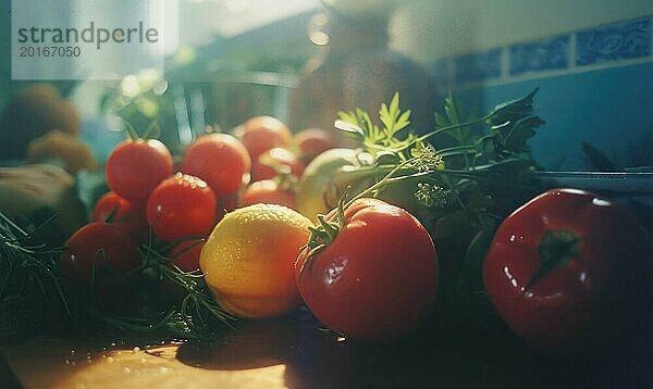 Tomaten und Zitronen auf dem Tisch in der Küche. Selektiver Fokus AI erzeugt  KI generiert