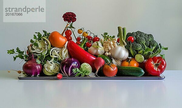 Gemüse in einem Tablett auf einem weißen Tisch in der Küche. AI generiert  KI generiert