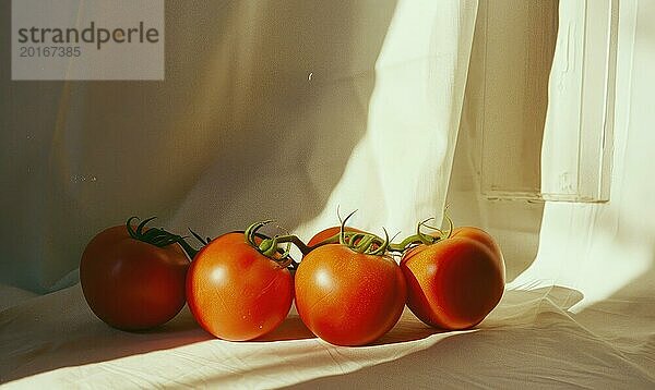 Tomaten auf einem weißen Tischtuch. Nahaufnahme. Selektiver Fokus. AI generiert  KI generiert