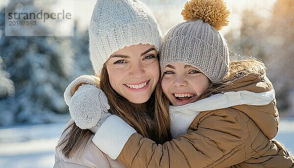 KI generiert  Mensch  Menschen  Person  Personen  Frau  Frauen  Kind  Kinder  zwei Personen  Mutter und Tochter umarmen sich  Umarmung  freuen sich aufeinander  genießen den Schnee  lachen  lächeln  Außenaufnahme  Eis  Schnee  Winter  Jahreszeiten  Mütze  Pudelmütze  Handschuhe  Winterjacke  kalt  Kälte