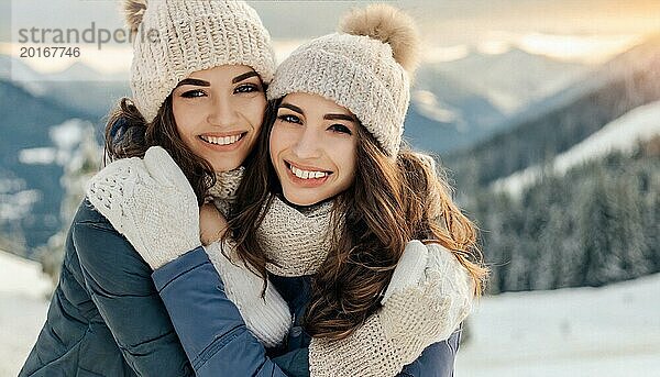 KI generiert  Mensch  Menschen  Person  Personen  Frau  Frauen  Mädchen  20  25  zwei Personen umarmen sich  zwei Freunde  Schnee  lachen  lächeln  Außenaufnahme  Eis  Winter  Jahreszeiten  Mütze  Pudelmütze  Handschuhe  Winterjacke  kalt  Kälte  Liebe  Zuneigung