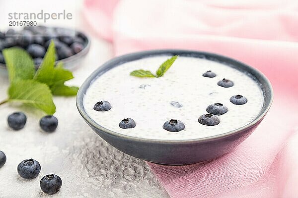 Joghurt mit Blaubeeren in einer Keramikschale auf grauem Betonhintergrund und rosa Leinenstoff. Seitenansicht  Nahaufnahme  selektiver Fokus