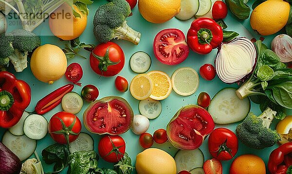 Draufsicht auf frisches Gemüse auf blauem Hintergrund. Konzept der gesunden Ernährung. AI generiert  KI generiert