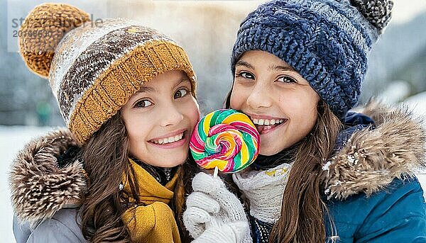 Zwei Mädchen 12 15 Jahre freuen sich über einen großen Lolli Pudelmütze Winterjacke Porträt lachen schöne Augen schöne Zähne Winter Eis Schnee kalt Kälte Schwestern