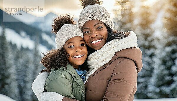 KI generiert  Mensch  Menschen  Person  Personen  Frau  Frauen  Kind  Kinder  zwei Personen  Mutter und Tochter umarmen sich  Umarmung  freuen sich aufeinander  genießen den Schnee  lachen  lächeln  Außenaufnahme  Eis  Schnee  Winter  Jahreszeiten  Mütze  Pudelmütze  Handschuhe  Winterjacke  kalt  Kälte  Afrikaner