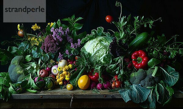 Stillleben Gemüse  Kräuter und Früchte als Zutaten in der Küche. AI generiert  KI generiert