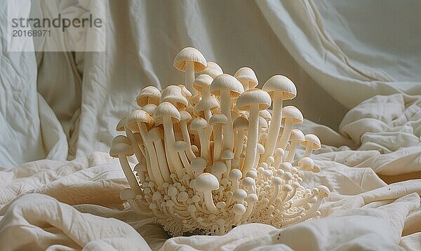Shimeji Pilze auf weißem Stoffhintergrund. Shimeji Pilze. AI generiert  KI generiert