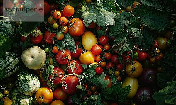 Gemüse und Früchte als sehr schöner natürlicher Hintergrund  Weichzeichner  Draufsicht. AI generiert  KI generiert