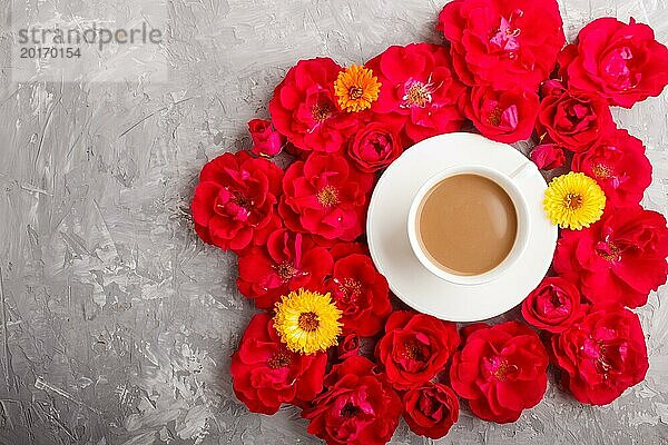 Rote Rose Blumen und eine Tasse Kaffee auf einem grauen Beton Hintergrund. Morninig  Frühling  Mode Zusammensetzung. Flachlage  Draufsicht  Kopierraum