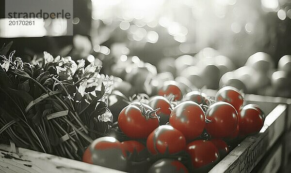 Tomaten in einer Holzkiste auf dem Markt. Selektiver Fokus AI erzeugt  KI generiert