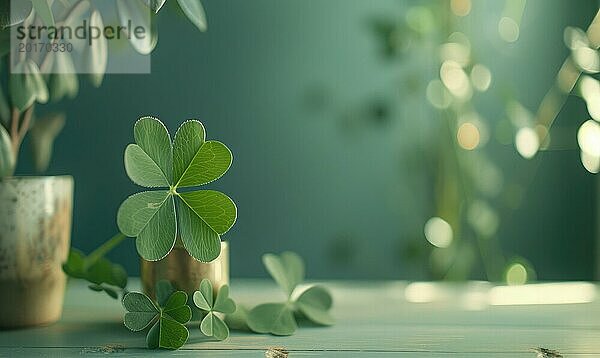 St. Patrick's Day Hintergrund mit Kleeblättern und Bokeh. AI generiert  KI generiert