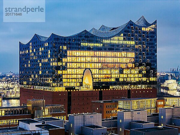 Luftaufnahme der Elbphilharmonie zur blauen Stunde  Hamburg  Deutschland  Europa