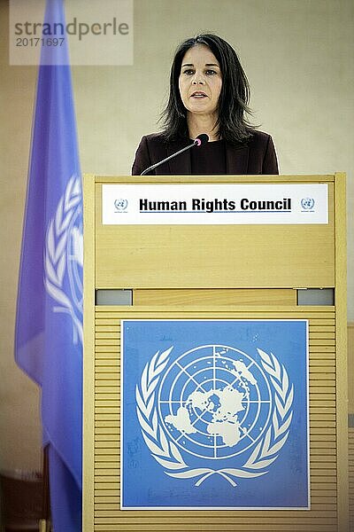 Annalena Bärbock  Bundesaussenministerin  hält eine Rede im Rahmen der 55. Sitzung des UN-Menschenrechtsrates in Genf  26.02.2024. Fotografiert im Auftrag des Auswärtigen Amtes