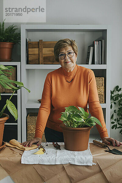 Lächelnde Frau mit Pothos-Pflanze auf dem Tisch zu Hause