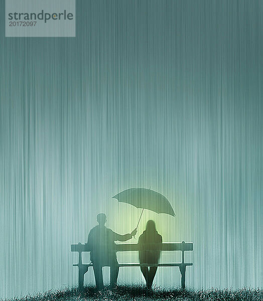Paar sitzt bei starkem Regen auf Bank