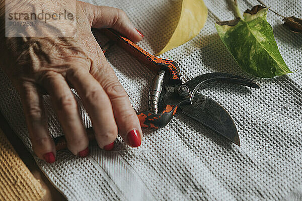 Hand einer älteren Frau  die eine Gartenschere auf dem Tisch hält