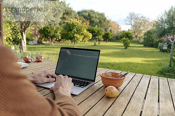 Freiberufler nutzt Laptop an einem sonnigen Tag am Tisch im Garten