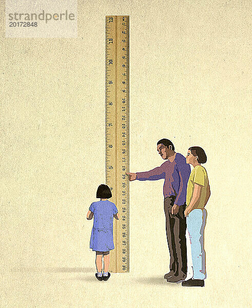 Illustration of parents holding oversized ruler in front of small daughter