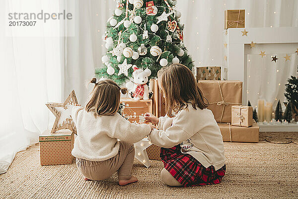 Mädchen schmücken zu Hause den Weihnachtsbaum