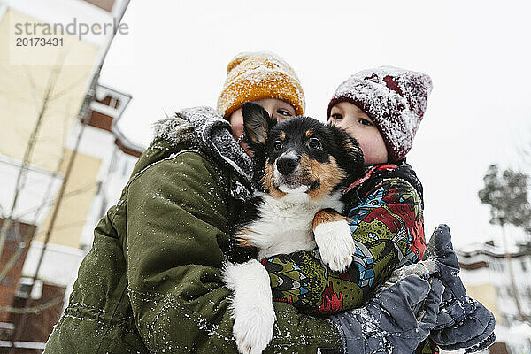 Brüder tragen warme Kleidung und halten im Winter einen Hund