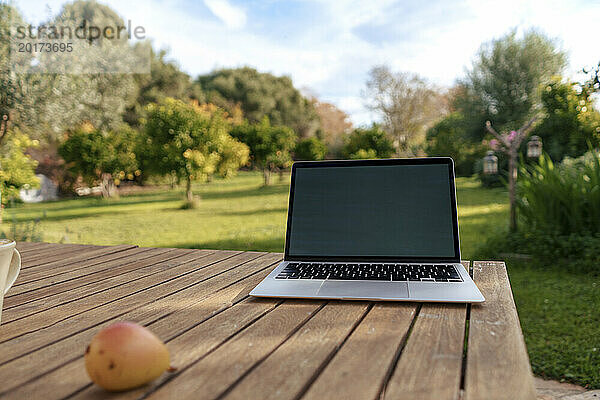 Laptop steht auf einem Tisch vor Bäumen im Garten