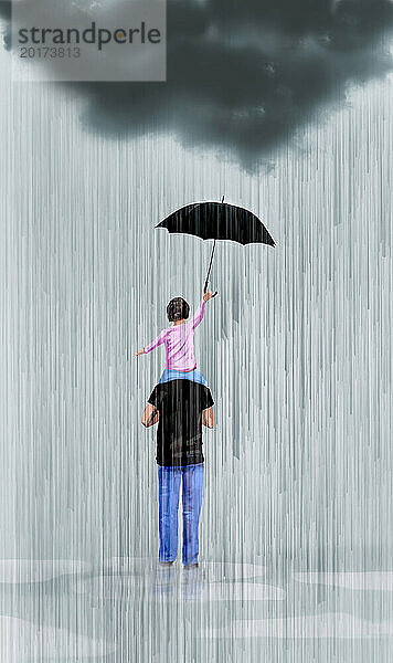 Vater trägt kleine Tochter bei starkem Regen huckepack