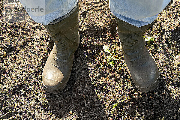 Bauer in Gummistiefeln steht auf dem Boden im Bauernhof