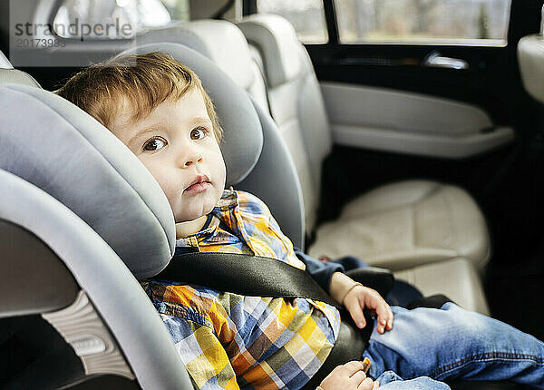 Junge trägt Sicherheitsgurt und sitzt im Auto