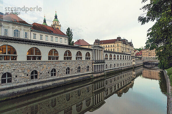 Slowenien  Ljubljana  Zentralmarkt  der sich im Morgengrauen im Fluss Ljubljanica spiegelt