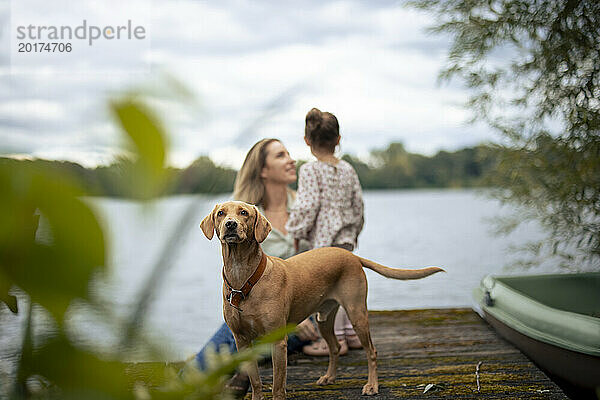 Hund in der Nähe von Mutter und Tochter vor dem See