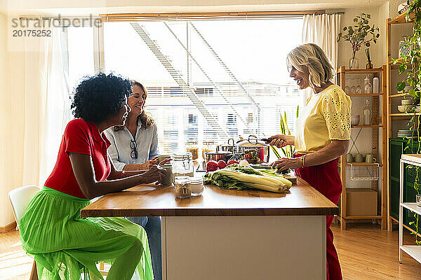 Glückliche Frau bereitet Essen mit Freunden zu  die zu Hause in der Küche sitzen