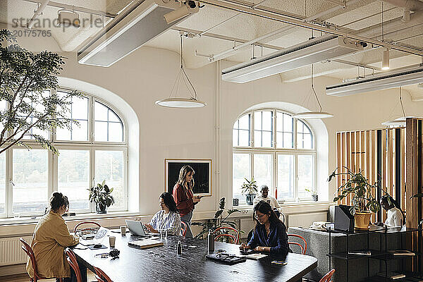 Männliche und weibliche Geschäftskollegen arbeiten im Coworking-Büro zusammen
