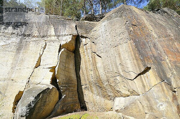 Natural climbing wall made of sandstone in a quarry. Natürliche Kletterwand in Tschechien