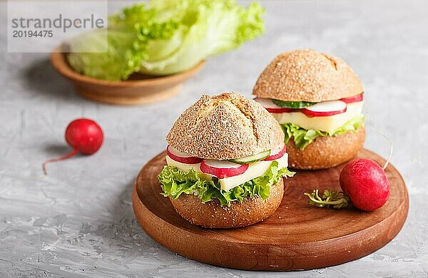 Sandwiches mit Käse  Rettich  Salat und Gurke auf einem Holzbrett auf einem grauen Betonhintergrund. Seitenansicht  Nahaufnahme  selektiver Fokus