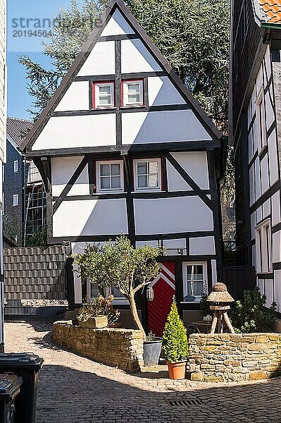 Kleines Fachwerkhaus mit roter Tür und Topfpflanzen bei Sonnenschein  Altstadt  Hattingen  Ennepe-Ruhr-Kreis  Ruhrgebiet  Nordrhein-Westfalen