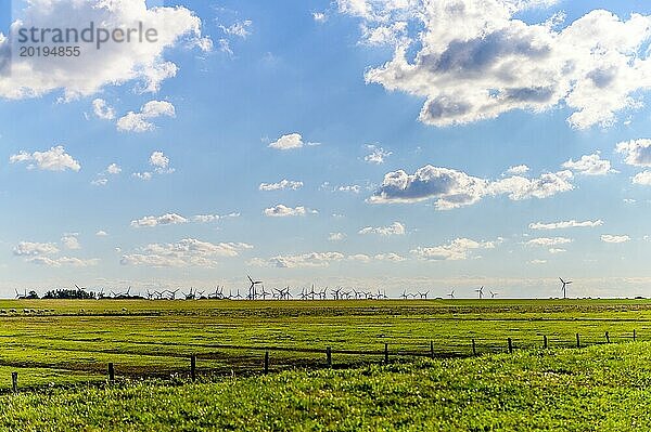 Weite grüne Landschaft mit Windrädern am Horizont unter blauem Himmel  Wattenmeer  Norddeich  Ostfriesland  Niedersachsen