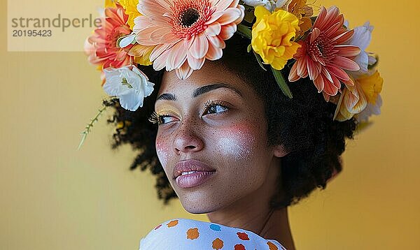 Porträt einer fröhlichen Frau mit einem lebendigen floralen Kopfschmuck AI generiert  KI generiert