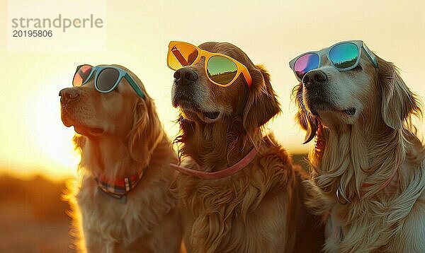 Drei Golden Retriever mit Sonnenbrillen bei Sonnenuntergang  die eine heitere Stimmung darstellen  die durch AI erzeugt wird  KI generiert