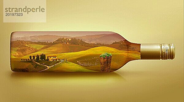 Weissweinflasche mit einer Toscanischen Landschaft