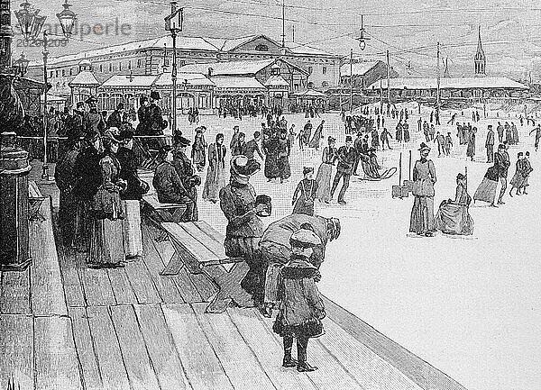 Der Eislauf-Verein  Wien  viele Menschen  Schlittschuhe  Vergnügen  Eisfläche  im Freien  Zuschauer  Österreich  historische Illustration 1890  Europa