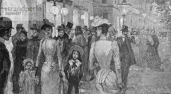 Auf der Ringstraße in Wien  nächtliche Straßenszene  viele Menschen  elegante Kleidung  Kinder  Laternen  Beleuchtung  Österreich  historische Illustration 1890  Europa