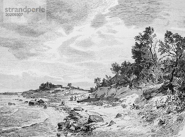 Insel Alsen oder Als  Ostsee  Ufer  Strand  Felsen  Böschung  Einsamkeit  Landschaft  Bäume  Natur  Dänemark  historische Illustration 1880  Europa